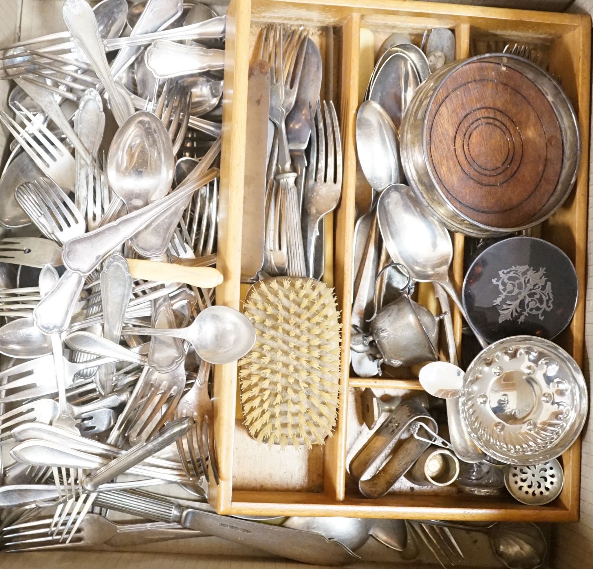 Small silver cutlery, together with a silver presentation coaster, a silver backed brush and various plated wares